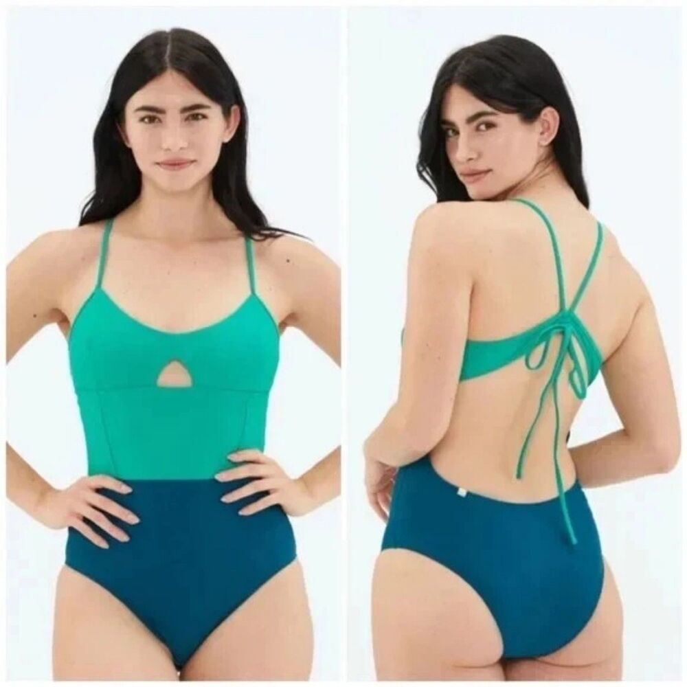 Summersalt The Swan Dive One Piece Swimsuit Colorblock Green Coastal Women sz 4